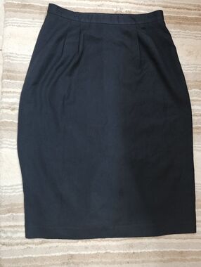 Y2K Navy Blue Classic Career Midi Pencil Skirt With Back Slit, Size 10